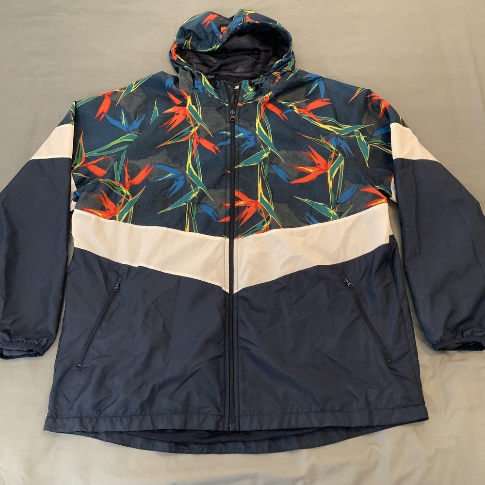 Russell Jacket Mens 2XL Blue Tropical Floral Hooded Windbreaker Zip Pockets - Picture 1 of 6